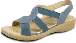 KOZI Women Comfort Casual Wedge Sandal Slip-On Loafer OY3132 Elasticized Band Open Round Toe Black Flower Navy Red White