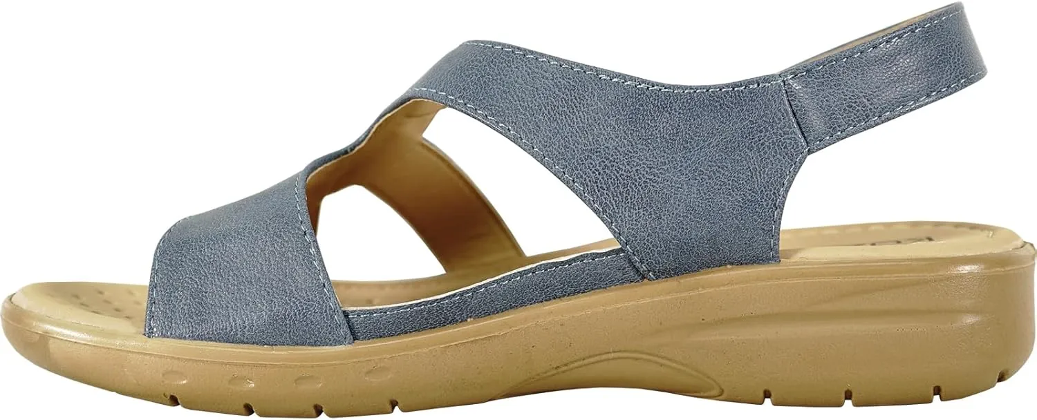 KOZI Women Comfort Casual Wedge Sandal Slip-On Loafer OY3132 Elasticized Band Open Round Toe Black Flower Navy Red White