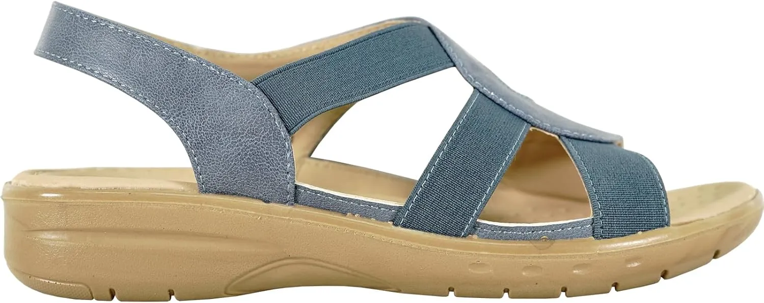 KOZI Women Comfort Casual Wedge Sandal Slip-On Loafer OY3132 Elasticized Band Open Round Toe Black Flower Navy Red White