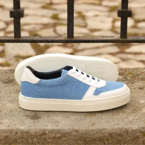 Ladies Activa Sneaker in Hand Painted White Box Calf Leather detailed with Blue Linen Fabric
