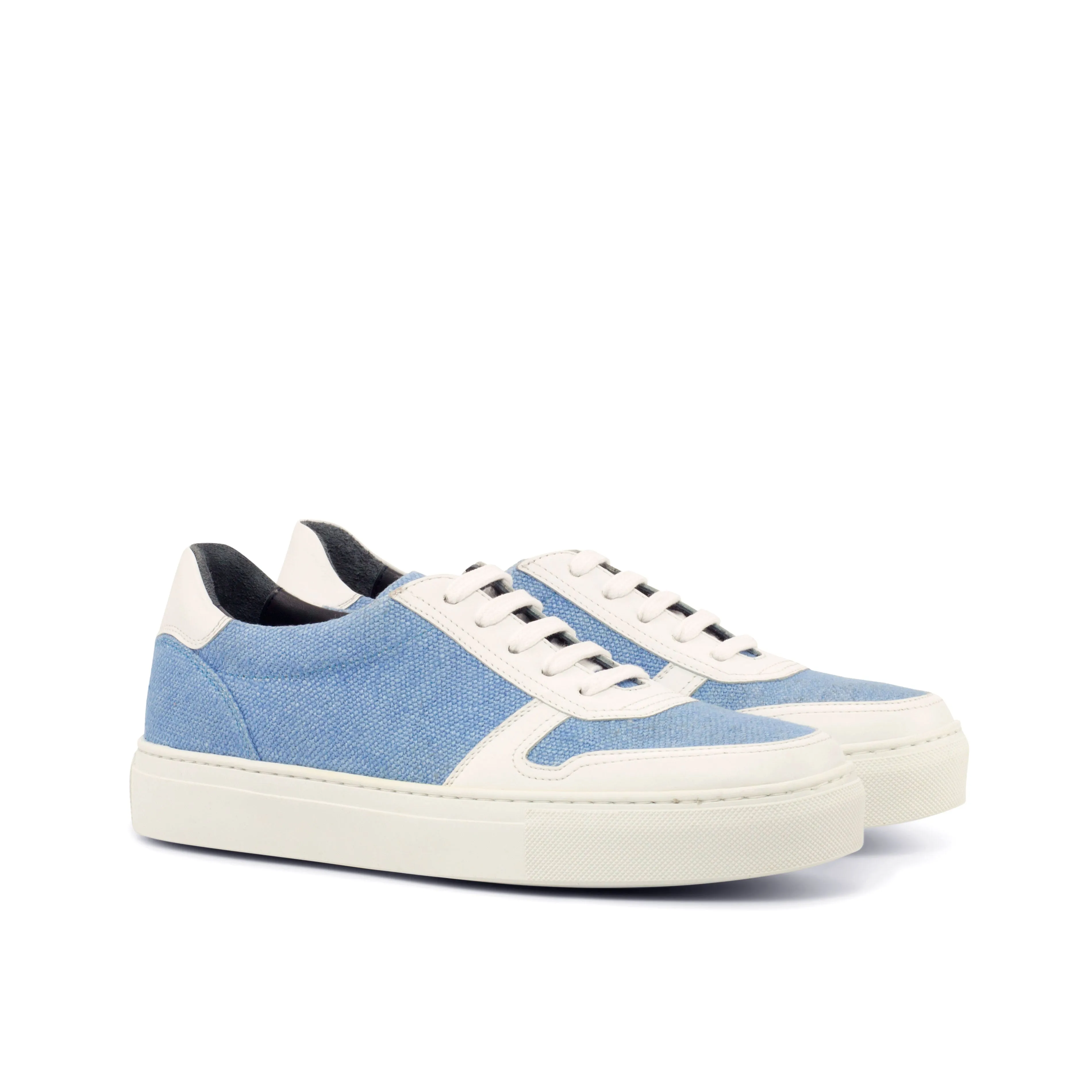 Ladies Activa Sneaker in Hand Painted White Box Calf Leather detailed with Blue Linen Fabric
