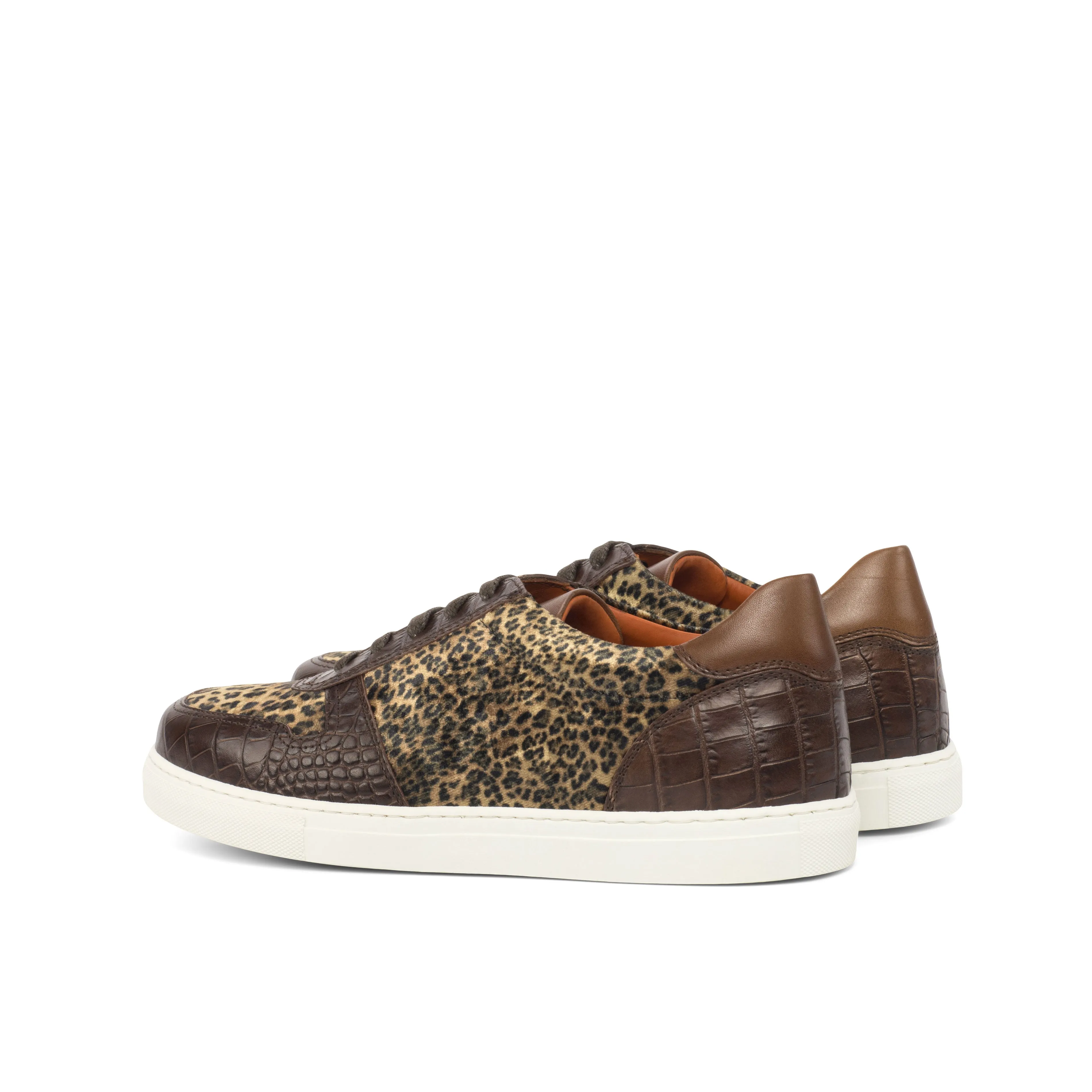Ladies Activa Sneaker in Leopard Velvet Sartorial Fabric detailed with Hand Painted Dark Brown Croco Embossed Calf Leather & Hand Painted Medium Brown Calf Leather