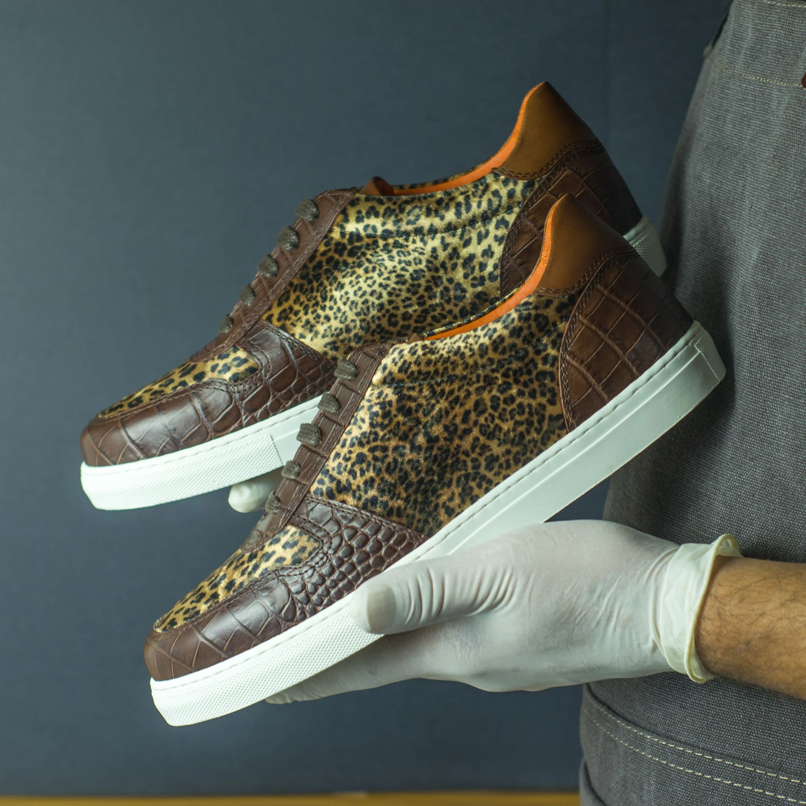 Ladies Activa Sneaker in Leopard Velvet Sartorial Fabric detailed with Hand Painted Dark Brown Croco Embossed Calf Leather & Hand Painted Medium Brown Calf Leather