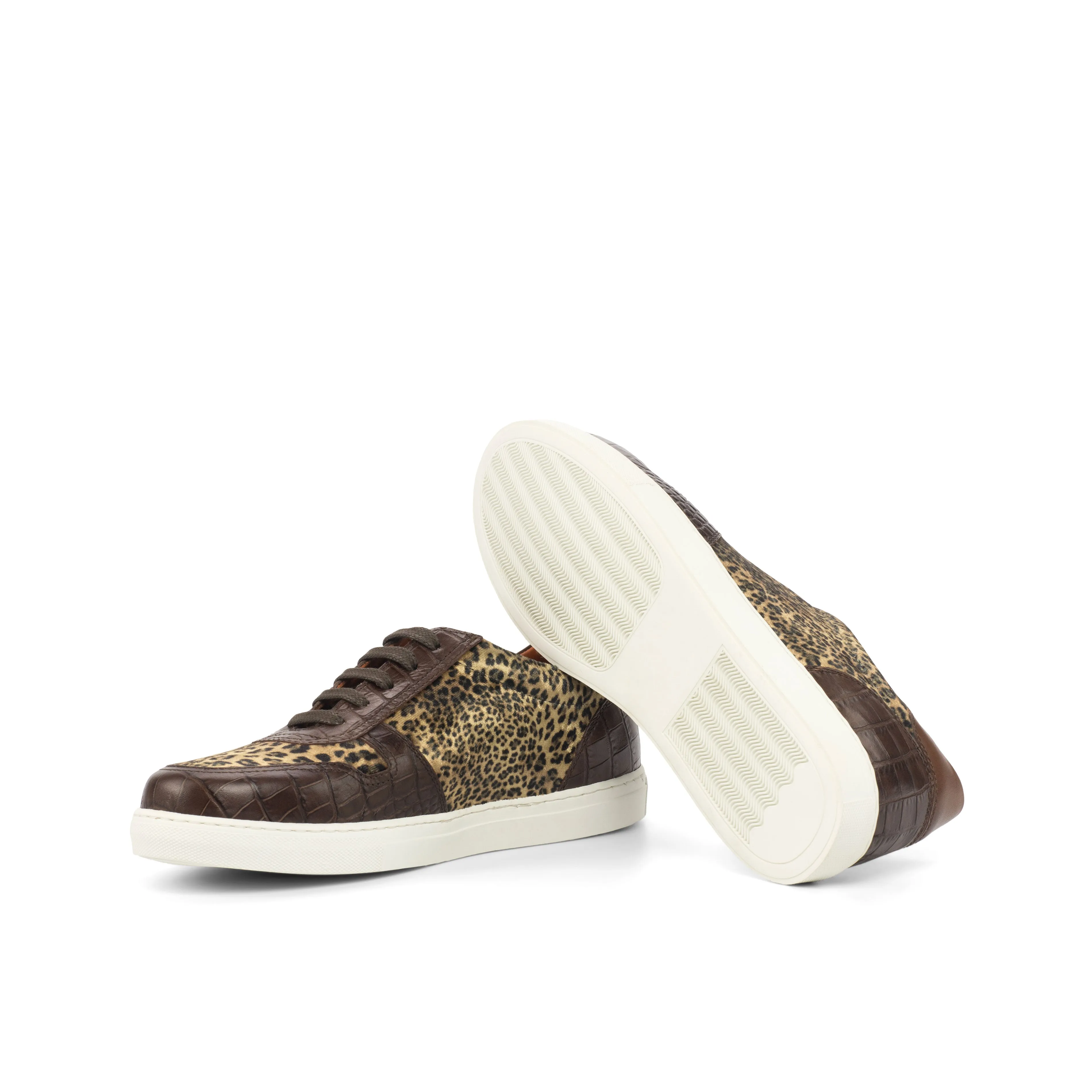 Ladies Activa Sneaker in Leopard Velvet Sartorial Fabric detailed with Hand Painted Dark Brown Croco Embossed Calf Leather & Hand Painted Medium Brown Calf Leather