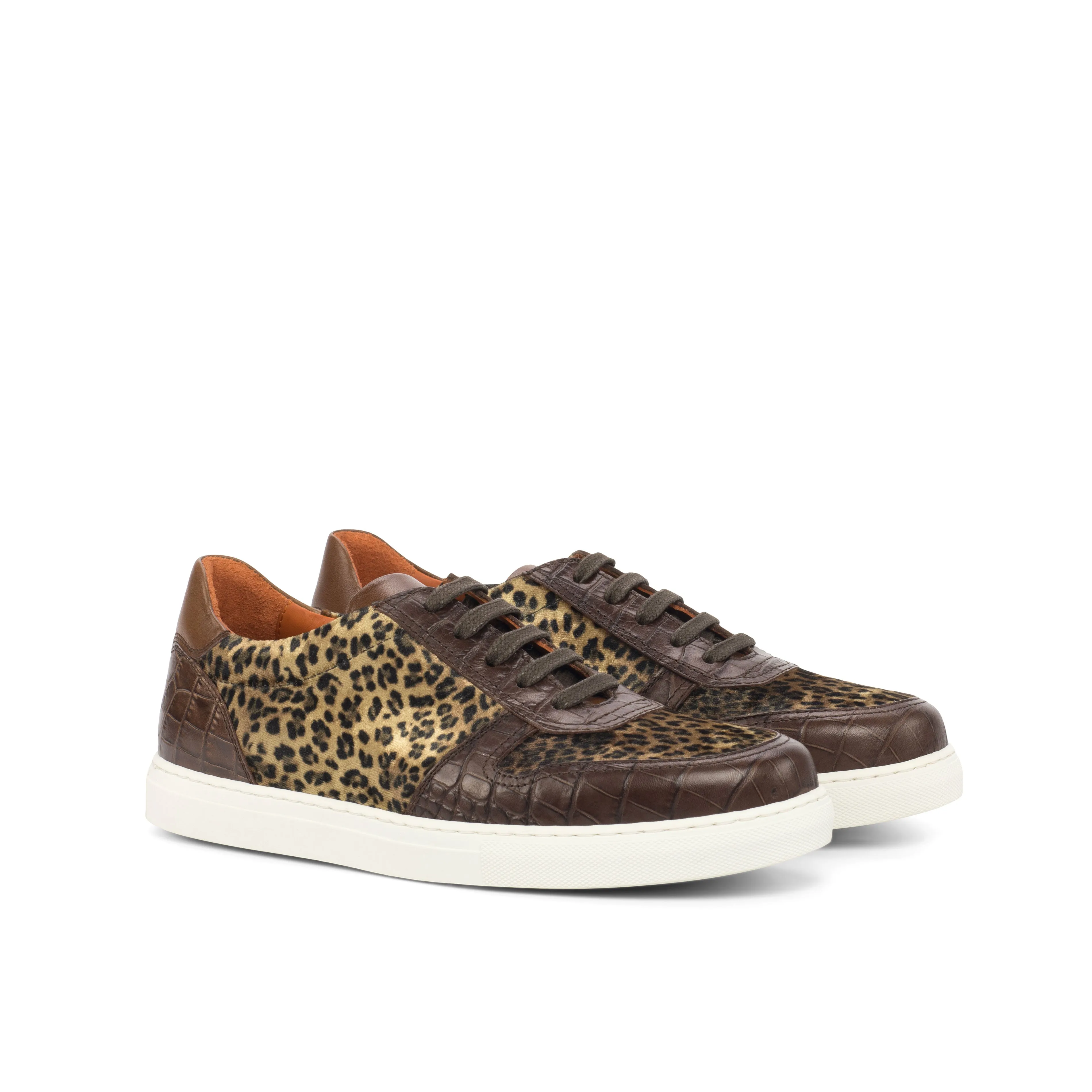 Ladies Activa Sneaker in Leopard Velvet Sartorial Fabric detailed with Hand Painted Dark Brown Croco Embossed Calf Leather & Hand Painted Medium Brown Calf Leather