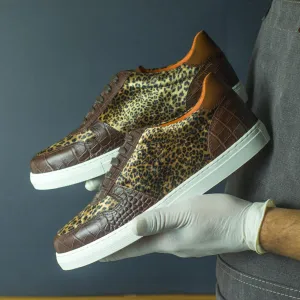Ladies Activa Sneaker in Leopard Velvet Sartorial Fabric detailed with Hand Painted Dark Brown Croco Embossed Calf Leather & Hand Painted Medium Brown Calf Leather