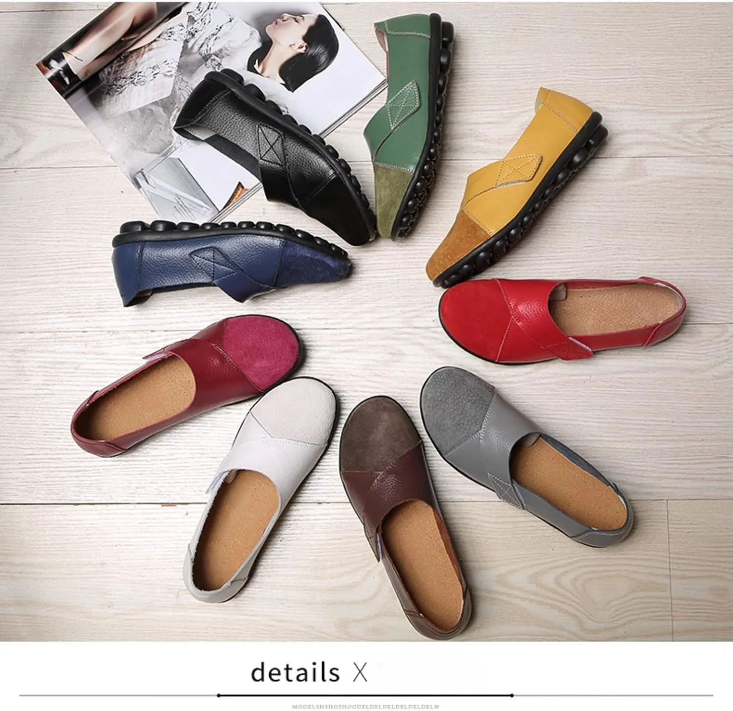 Ladies Leather Slip On Flat Loafers,Low Top Casual Walking Nurse Shoes,Outdoor Versatile Trendy Driving Shoes.