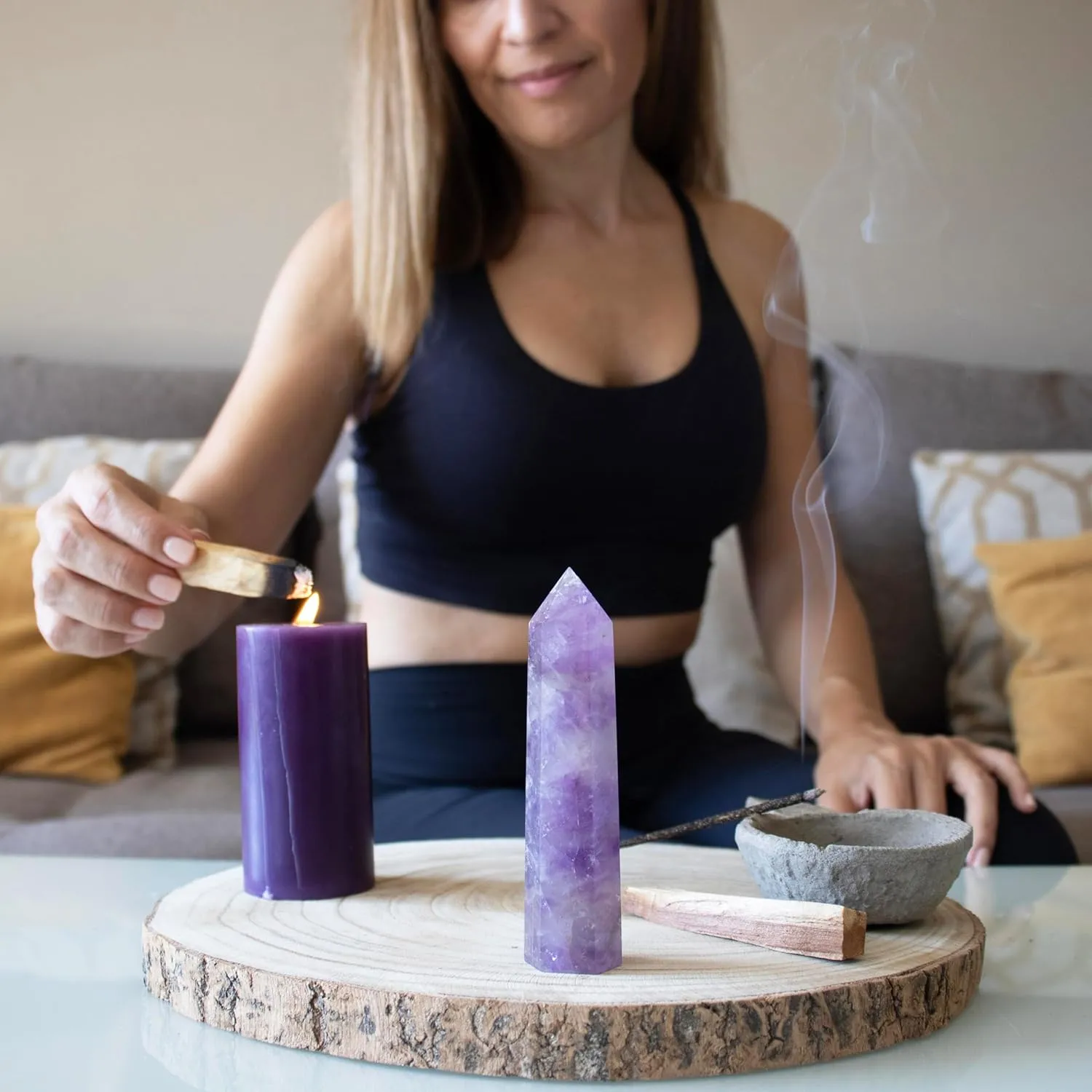 Large Amethyst Set for Empowerment & Emotional Balance: Meditation Healing Crystal with Manifesting Purple Candle, Sandal Ritual Aromatic Sticks, Palo Santo & Daily Affirmations eBook in a Gift Box