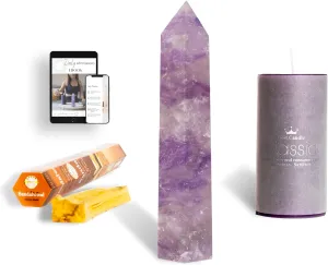 Large Amethyst Set for Empowerment & Emotional Balance: Meditation Healing Crystal with Manifesting Purple Candle, Sandal Ritual Aromatic Sticks, Palo Santo & Daily Affirmations eBook in a Gift Box