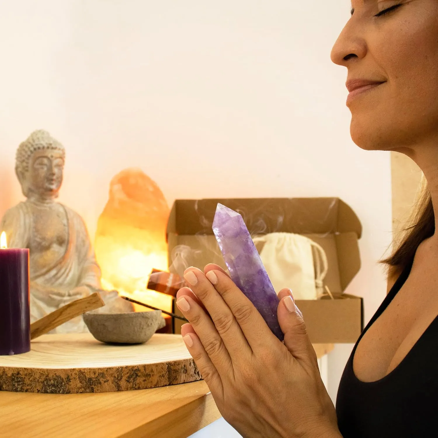 Large Amethyst Set for Empowerment & Emotional Balance: Meditation Healing Crystal with Manifesting Purple Candle, Sandal Ritual Aromatic Sticks, Palo Santo & Daily Affirmations eBook in a Gift Box