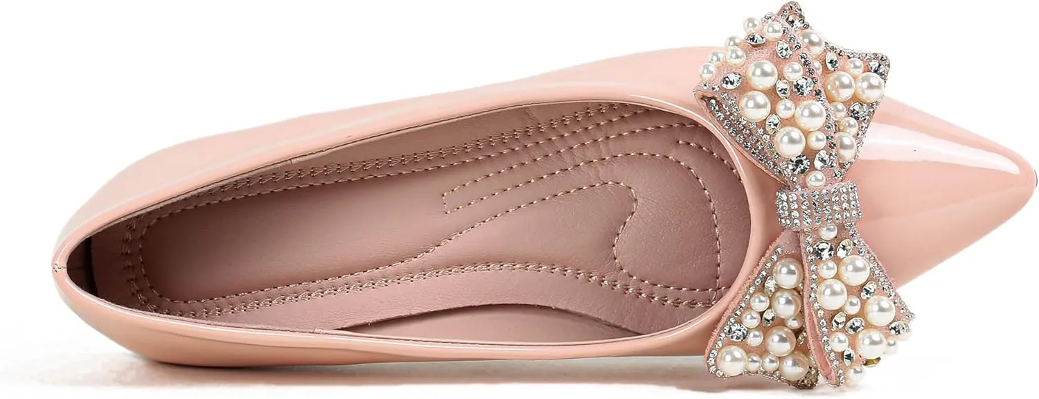Leather Flats for Women Bling Rhinestone Pointed Non Slip Comfort Slip on Breathable Wedding Dress Ballet Flats Shoes