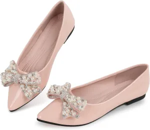 Leather Flats for Women Bling Rhinestone Pointed Non Slip Comfort Slip on Breathable Wedding Dress Ballet Flats Shoes