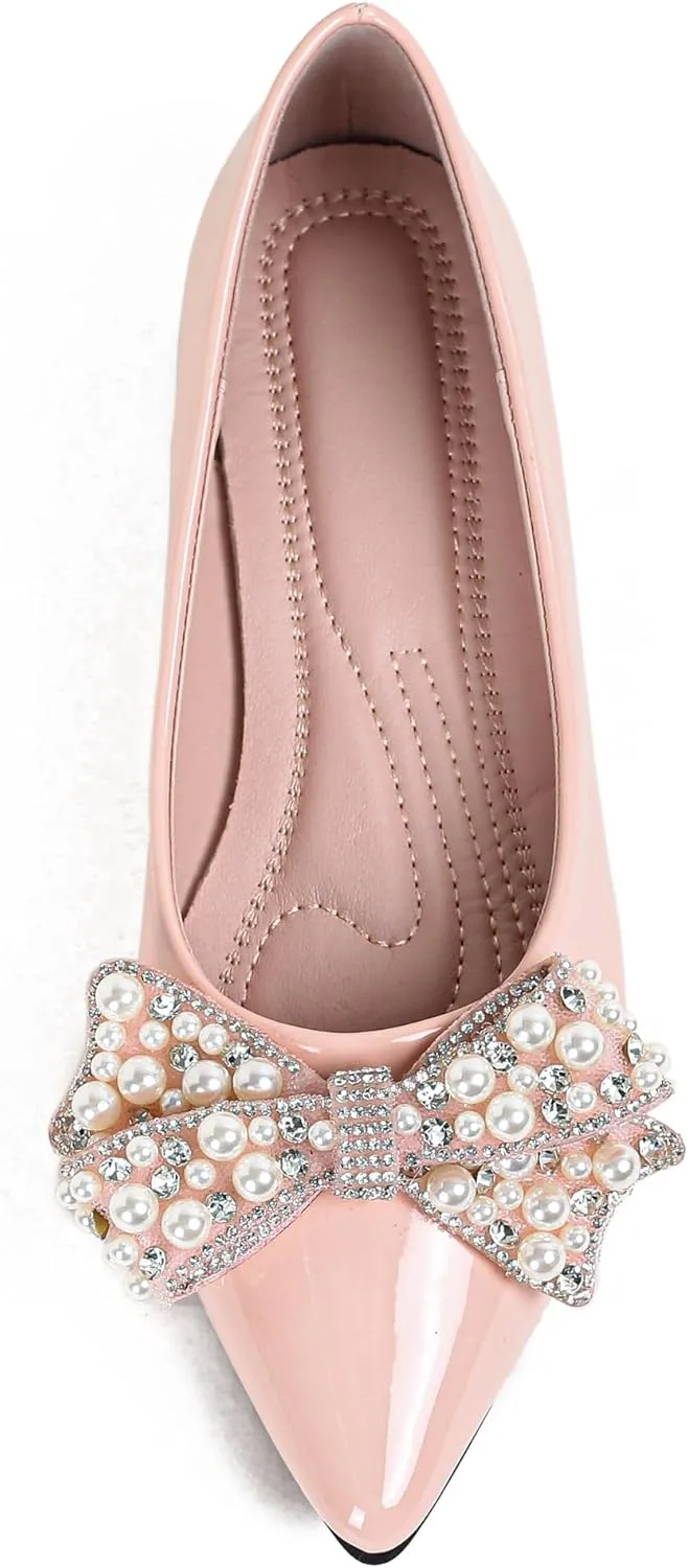 Leather Flats for Women Bling Rhinestone Pointed Non Slip Comfort Slip on Breathable Wedding Dress Ballet Flats Shoes