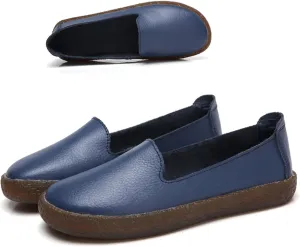 Leather Slip on Loafers for Women Comfortable Round Toe Soft Bottom Driving Work Flat Boat Shoes Breathable Soft Nurse Walking Shoes