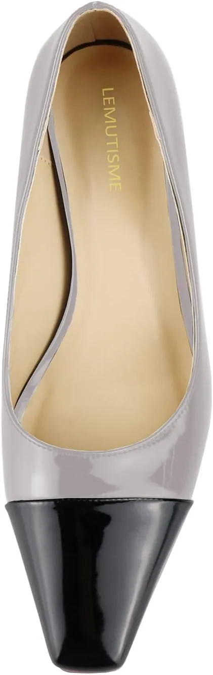 LEMUTISME Women's Fashion Patent Leather Square Cap Toe Elegant Two-Tone Slip On Low Kitten Heel Dress Pumps for Work Party Wedding