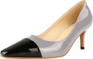 LEMUTISME Women's Fashion Patent Leather Square Cap Toe Elegant Two-Tone Slip On Low Kitten Heel Dress Pumps for Work Party Wedding