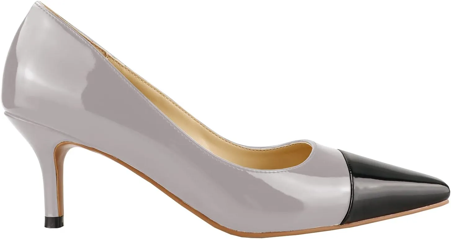 LEMUTISME Women's Fashion Patent Leather Square Cap Toe Elegant Two-Tone Slip On Low Kitten Heel Dress Pumps for Work Party Wedding