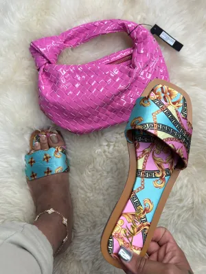 Liliana MINDEE-2 Pink Multi Print Flat Sandal Slide