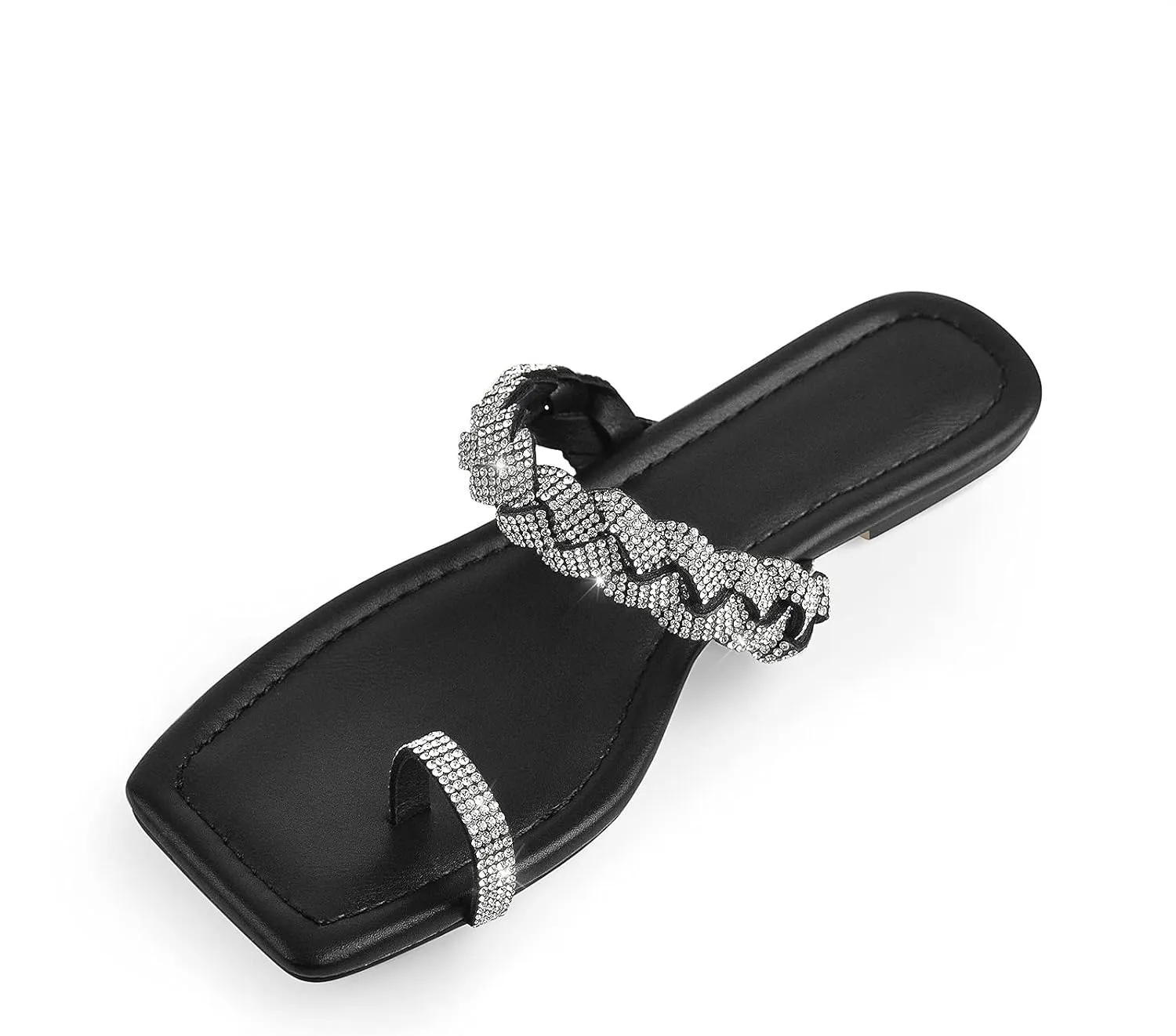 LISHAN Women's Toe Ring Rhinestones Studded Slip On Summer Flats Sandals