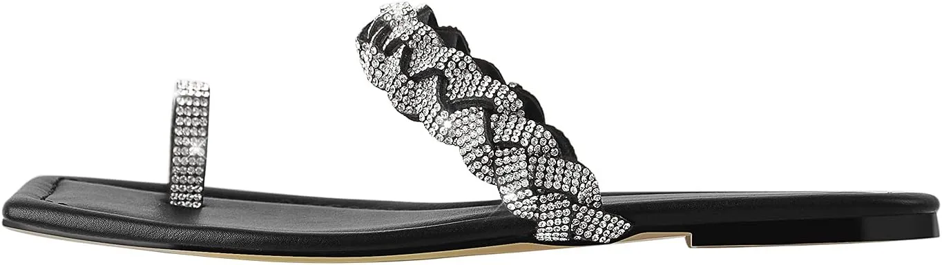 LISHAN Women's Toe Ring Rhinestones Studded Slip On Summer Flats Sandals