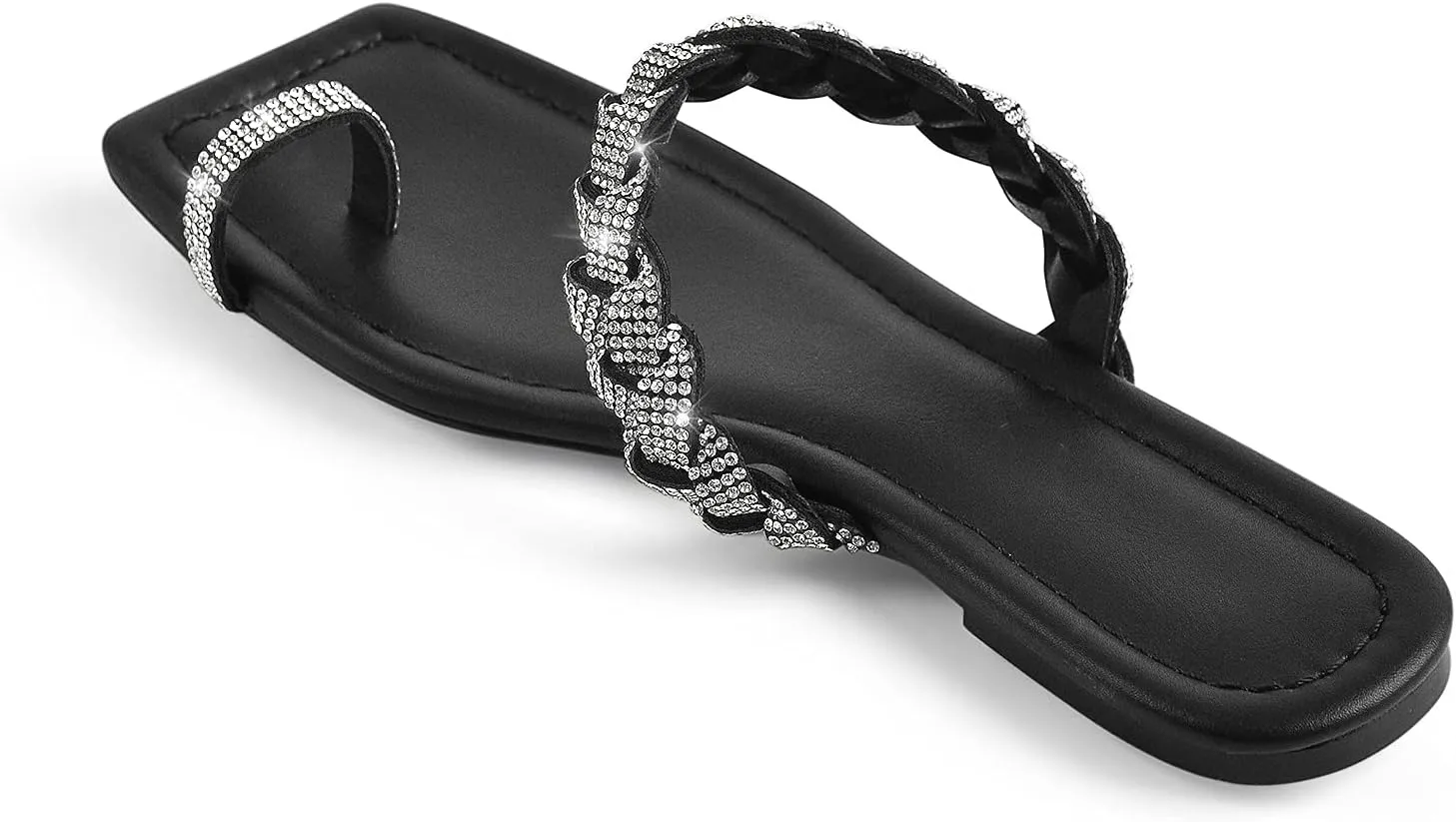 LISHAN Women's Toe Ring Rhinestones Studded Slip On Summer Flats Sandals