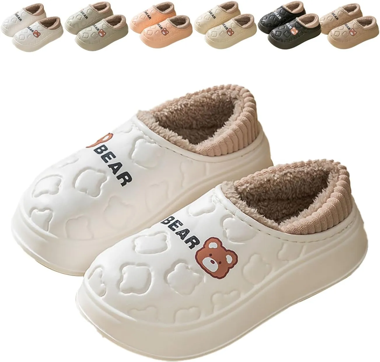 Loizziuy Bear Spring Winter Outdoor Slippers for women Home Anti-Slip Plush Backless Cotton-Padded Silent Waterproof Indoor Warm