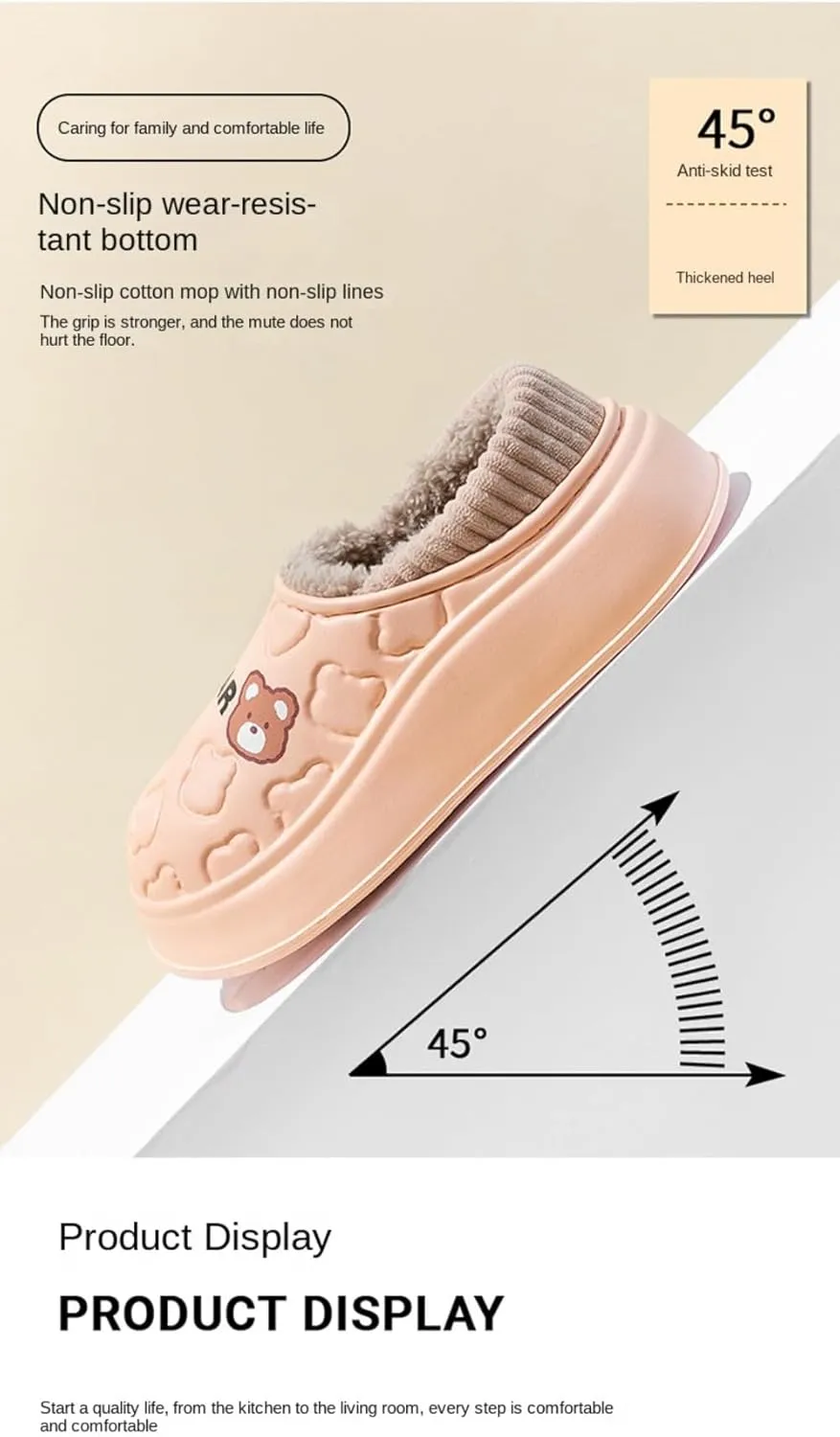 Loizziuy Bear Spring Winter Outdoor Slippers for women Home Anti-Slip Plush Backless Cotton-Padded Silent Waterproof Indoor Warm