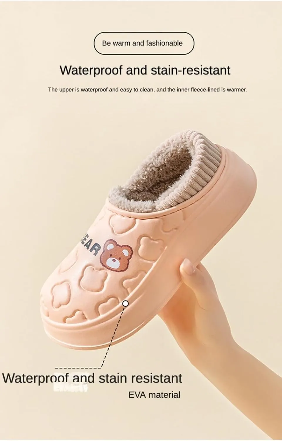 Loizziuy Bear Spring Winter Outdoor Slippers for women Home Anti-Slip Plush Backless Cotton-Padded Silent Waterproof Indoor Warm