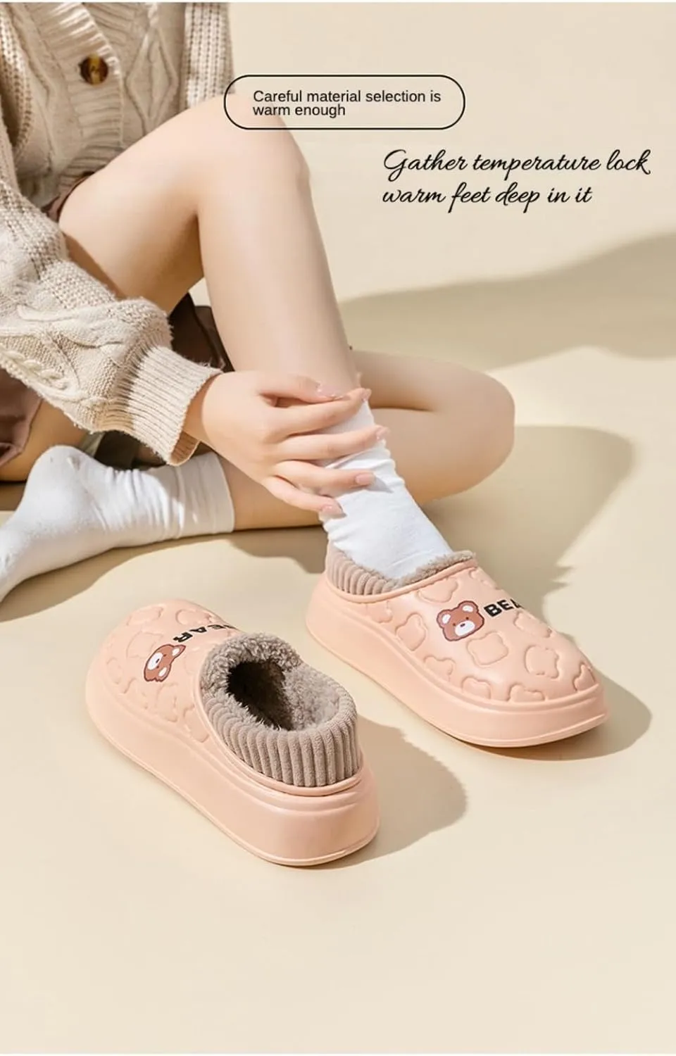 Loizziuy Bear Spring Winter Outdoor Slippers for women Home Anti-Slip Plush Backless Cotton-Padded Silent Waterproof Indoor Warm