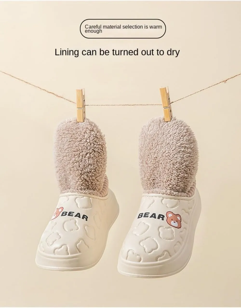 Loizziuy Bear Spring Winter Outdoor Slippers for women Home Anti-Slip Plush Backless Cotton-Padded Silent Waterproof Indoor Warm