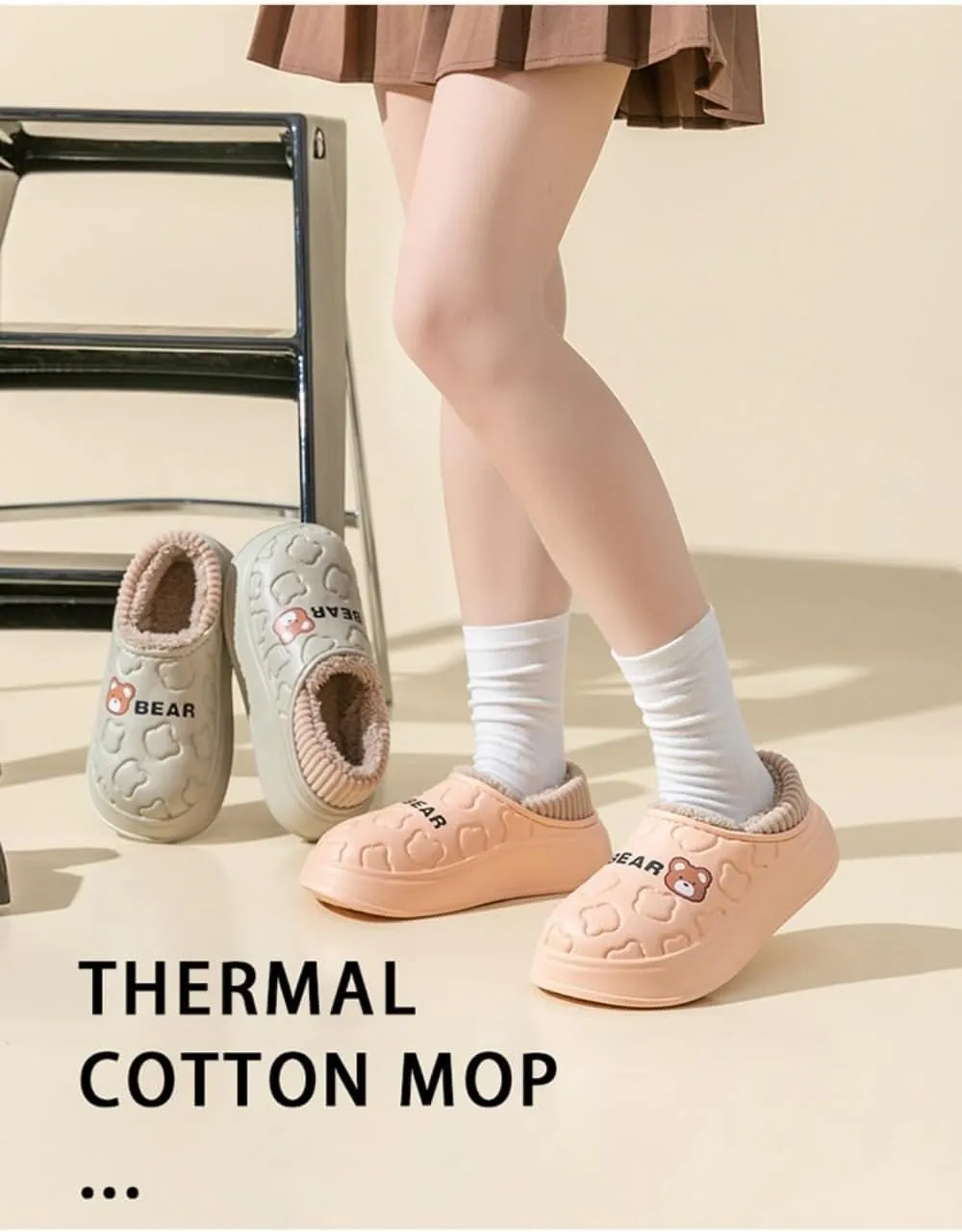Loizziuy Bear Spring Winter Outdoor Slippers for women Home Anti-Slip Plush Backless Cotton-Padded Silent Waterproof Indoor Warm