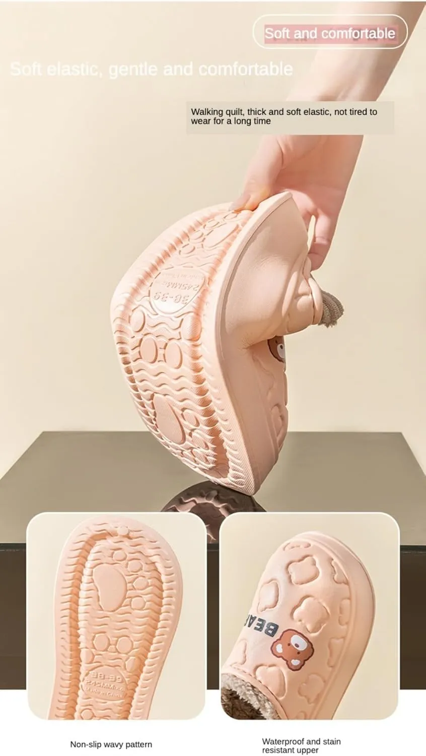 Loizziuy Bear Spring Winter Outdoor Slippers for women Home Anti-Slip Plush Backless Cotton-Padded Silent Waterproof Indoor Warm