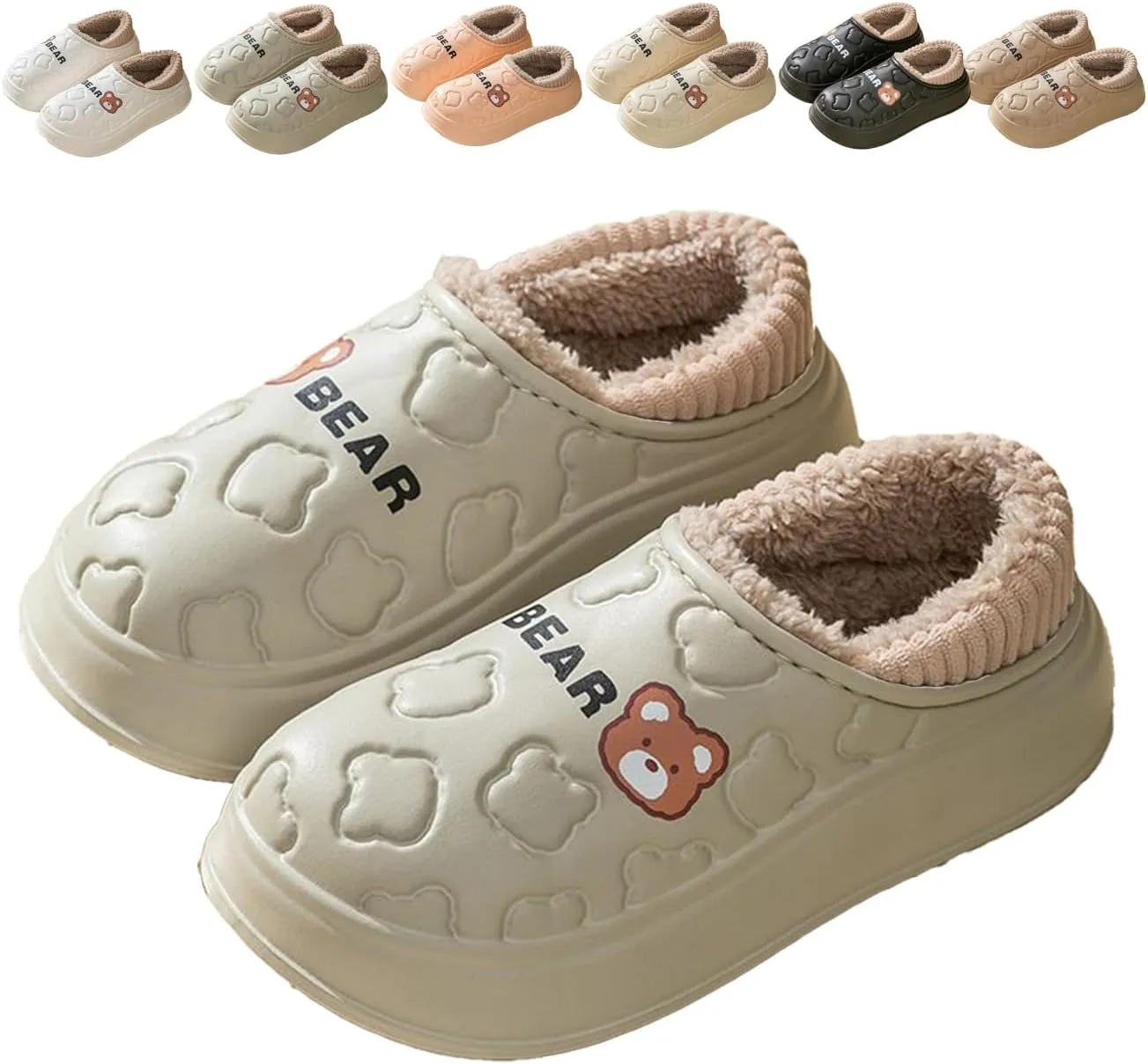 Loizziuy Bear Spring Winter Outdoor Slippers for women Home Anti-Slip Plush Backless Cotton-Padded Silent Waterproof Indoor Warm