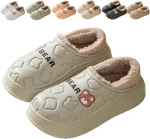 Loizziuy Bear Spring Winter Outdoor Slippers for women Home Anti-Slip Plush Backless Cotton-Padded Silent Waterproof Indoor Warm