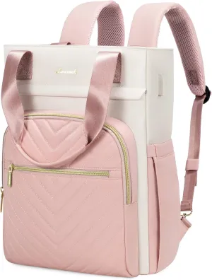 LOVEVOOK Laptop Backpack for Women, 15.6 Inch Work Business Laptop Bag, Wide Top Open Teacher Nurse Bag with USB Port, Waterproof Computer Backpack Purse for travel, Pink-White