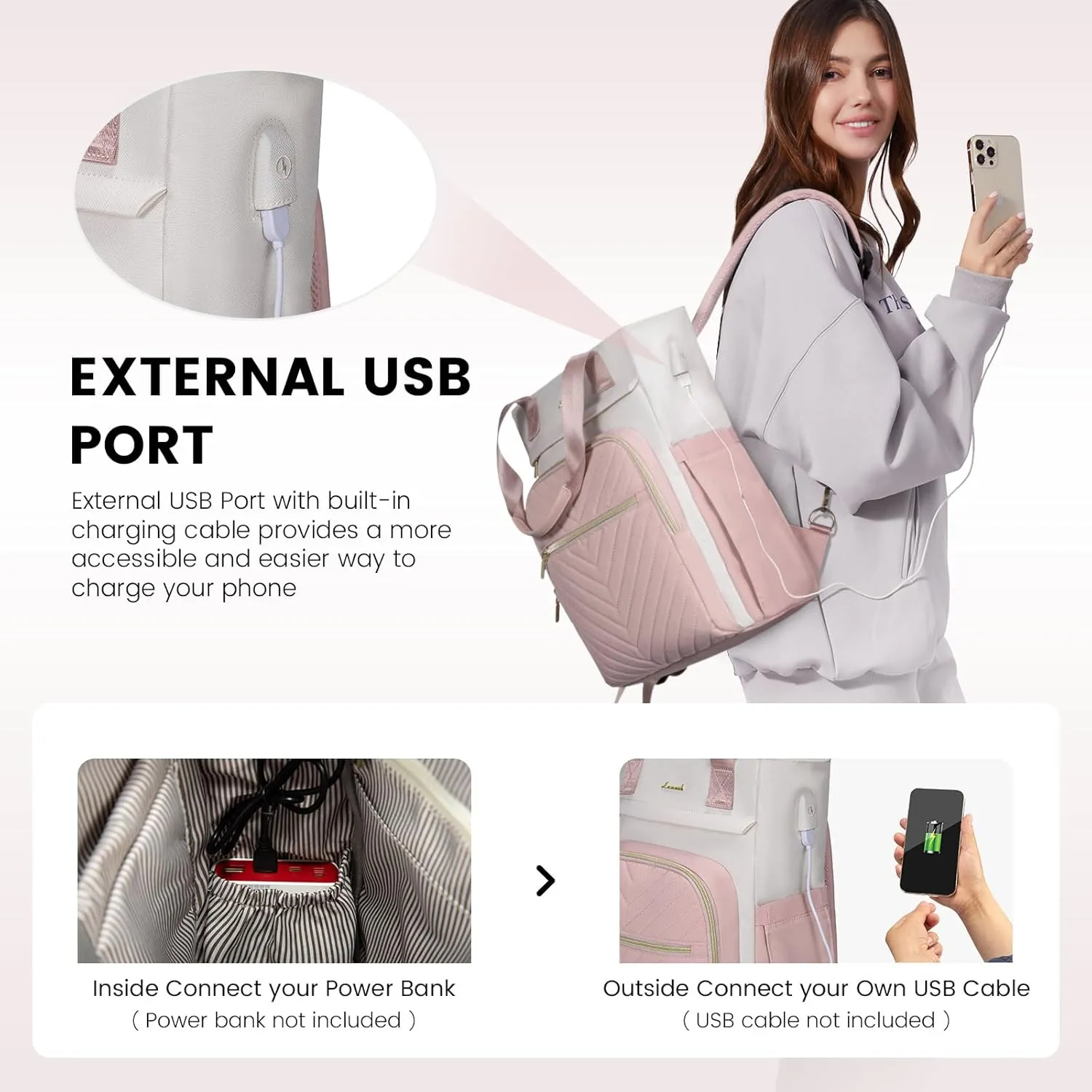 LOVEVOOK Laptop Backpack for Women, 15.6 Inch Work Business Laptop Bag, Wide Top Open Teacher Nurse Bag with USB Port, Waterproof Computer Backpack Purse for travel, Pink-White