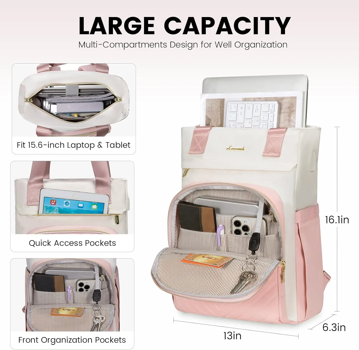 LOVEVOOK Laptop Backpack for Women, 15.6 Inch Work Business Laptop Bag, Wide Top Open Teacher Nurse Bag with USB Port, Waterproof Computer Backpack Purse for travel, Pink-White