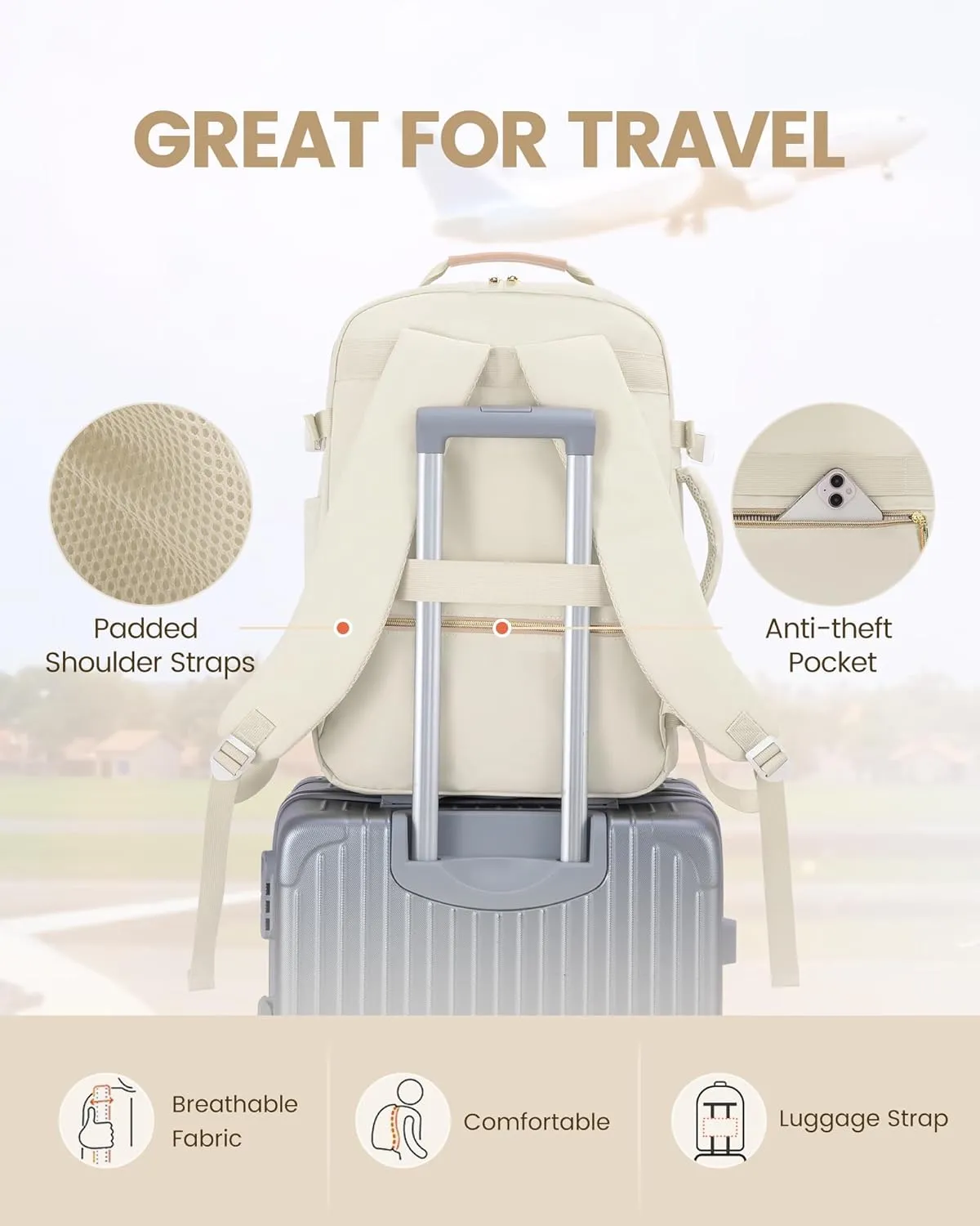LOVEVOOK Travel Backpack for Women Men as Personal Item Flight Approved, 40L Luggage Carry On Backpack,17.3inch Large Laptop Backpack Waterproof Outdoor Sports with 3 Packing Cubes,Beige-Flesh beige