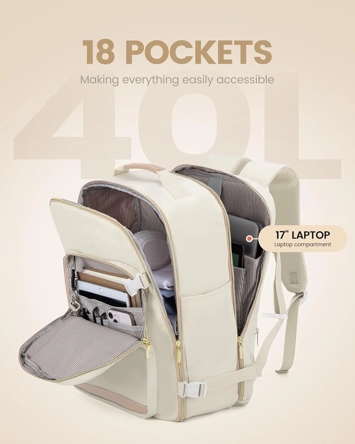 LOVEVOOK Travel Backpack for Women Men as Personal Item Flight Approved, 40L Luggage Carry On Backpack,17.3inch Large Laptop Backpack Waterproof Outdoor Sports with 3 Packing Cubes,Beige-Flesh beige