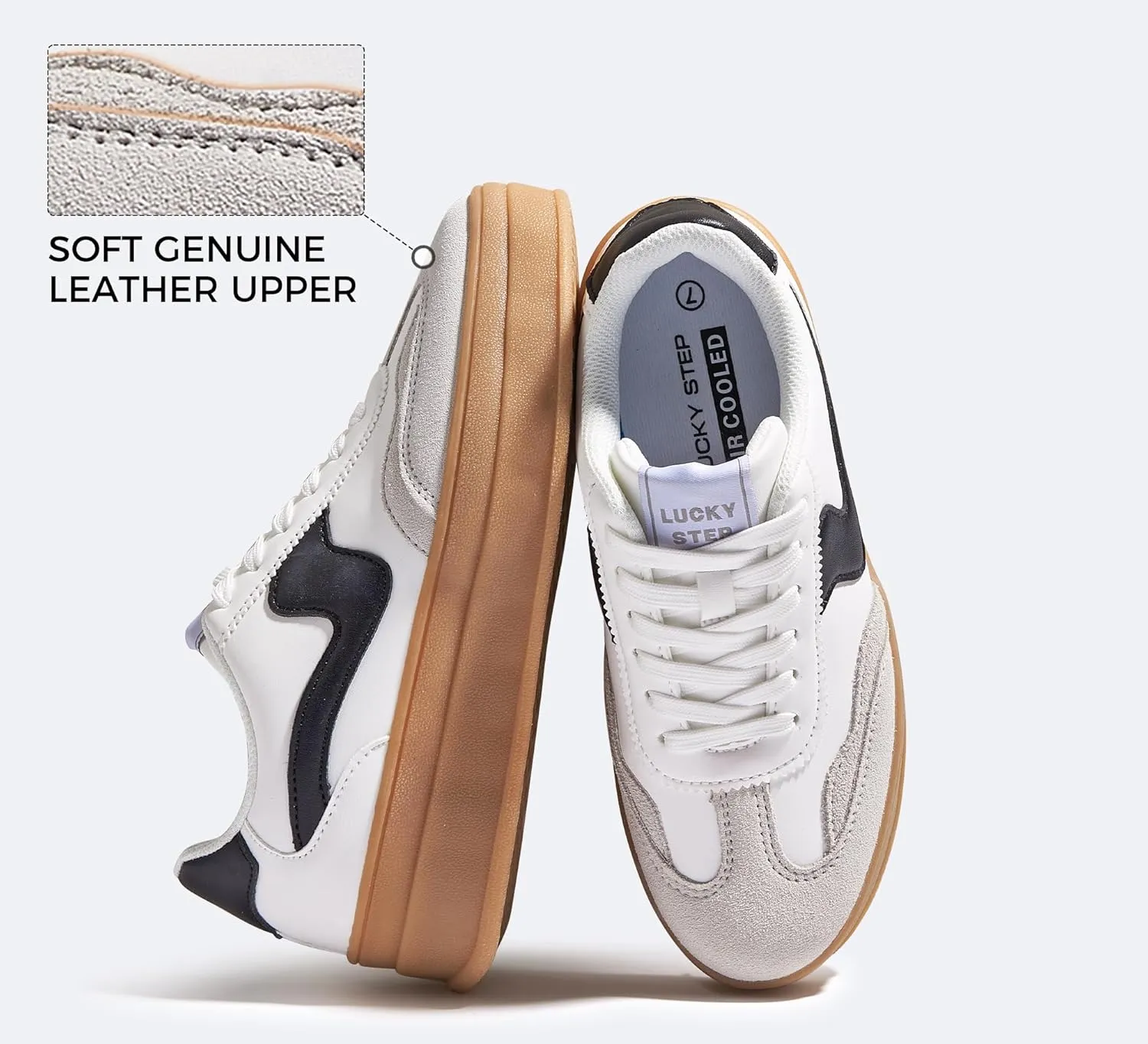 LUCKY STEP Women's Platform Fashion Sneakers Thick Sole Suede Genuine Leather Classic Rubber Gum Sole Low Top Casual Walking Shoes