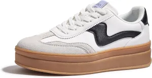 LUCKY STEP Women's Platform Fashion Sneakers Thick Sole Suede Genuine Leather Classic Rubber Gum Sole Low Top Casual Walking Shoes