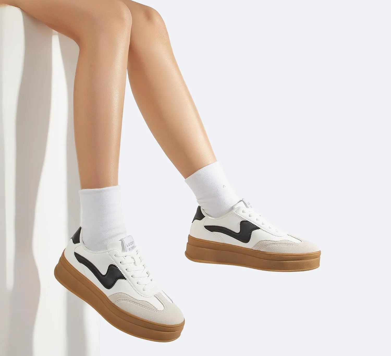 LUCKY STEP Women's Platform Fashion Sneakers Thick Sole Suede Genuine Leather Classic Rubber Gum Sole Low Top Casual Walking Shoes