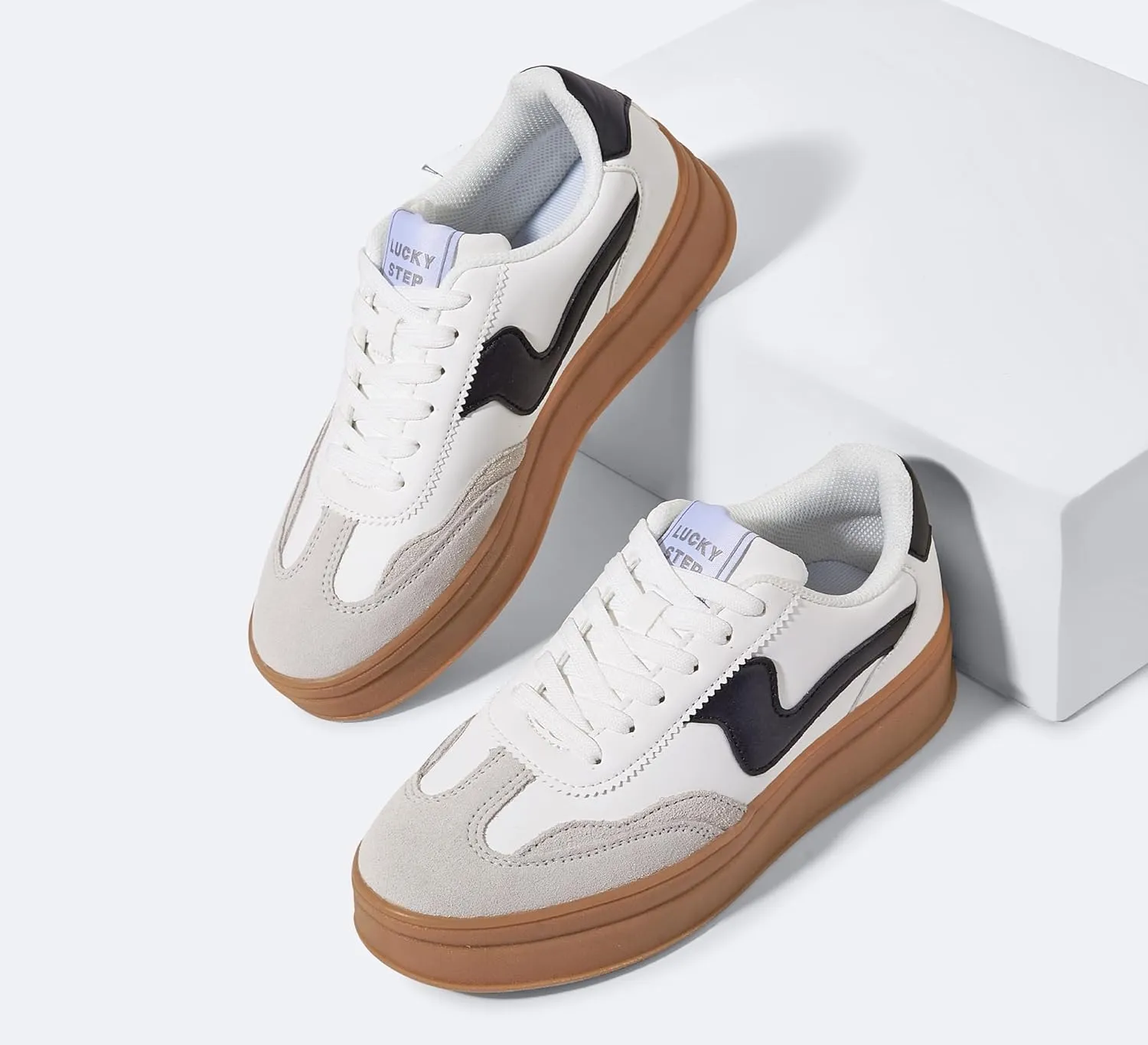 LUCKY STEP Women's Platform Fashion Sneakers Thick Sole Suede Genuine Leather Classic Rubber Gum Sole Low Top Casual Walking Shoes
