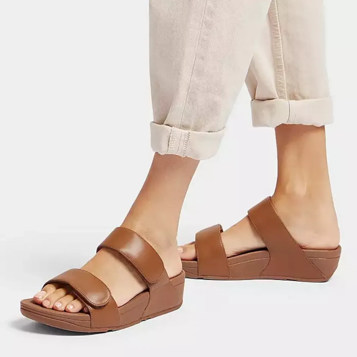 Lulu Adjustable Leather Slide Sandal in Light Tan by Fit Flops