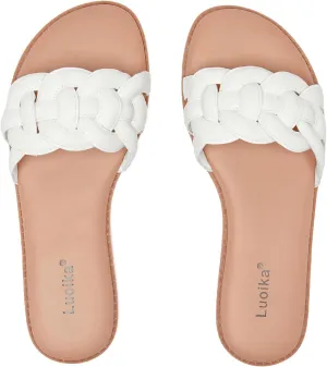Luoika Women's Wide Width Flat Slides Sandals, Casual Comfortable Summer Beach Shoes Slip on Slide Sandal for Women.