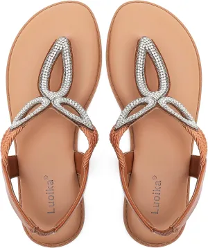 Luoika Women's Wide Width Flat Slides Sandals, Flip Flop Strappy Rhinestone Thong Sandals Comfortable Summer Beach Shoes for Women.