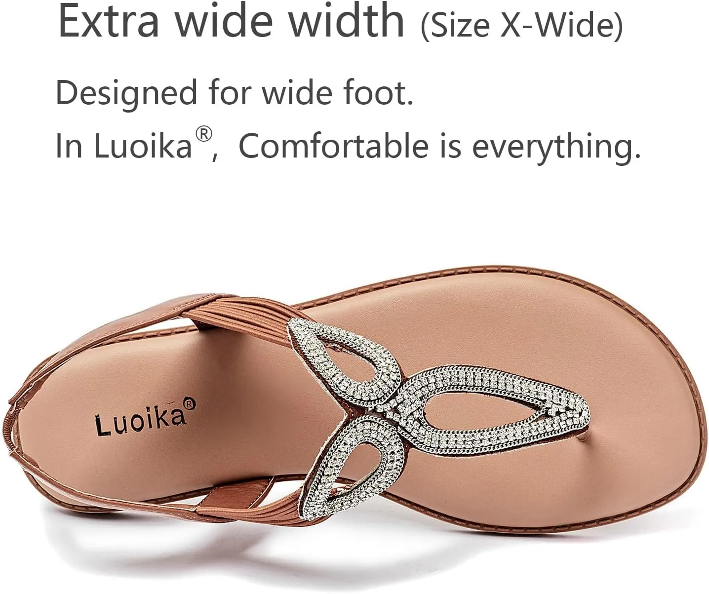Luoika Women's Wide Width Flat Slides Sandals, Flip Flop Strappy Rhinestone Thong Sandals Comfortable Summer Beach Shoes for Women.