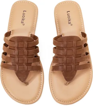 Luoika Women's Wide Width Flat Slides Sandals, Flip Flop Strappy Rhinestone Thong Sandals Comfortable Summer Beach Shoes for Women.