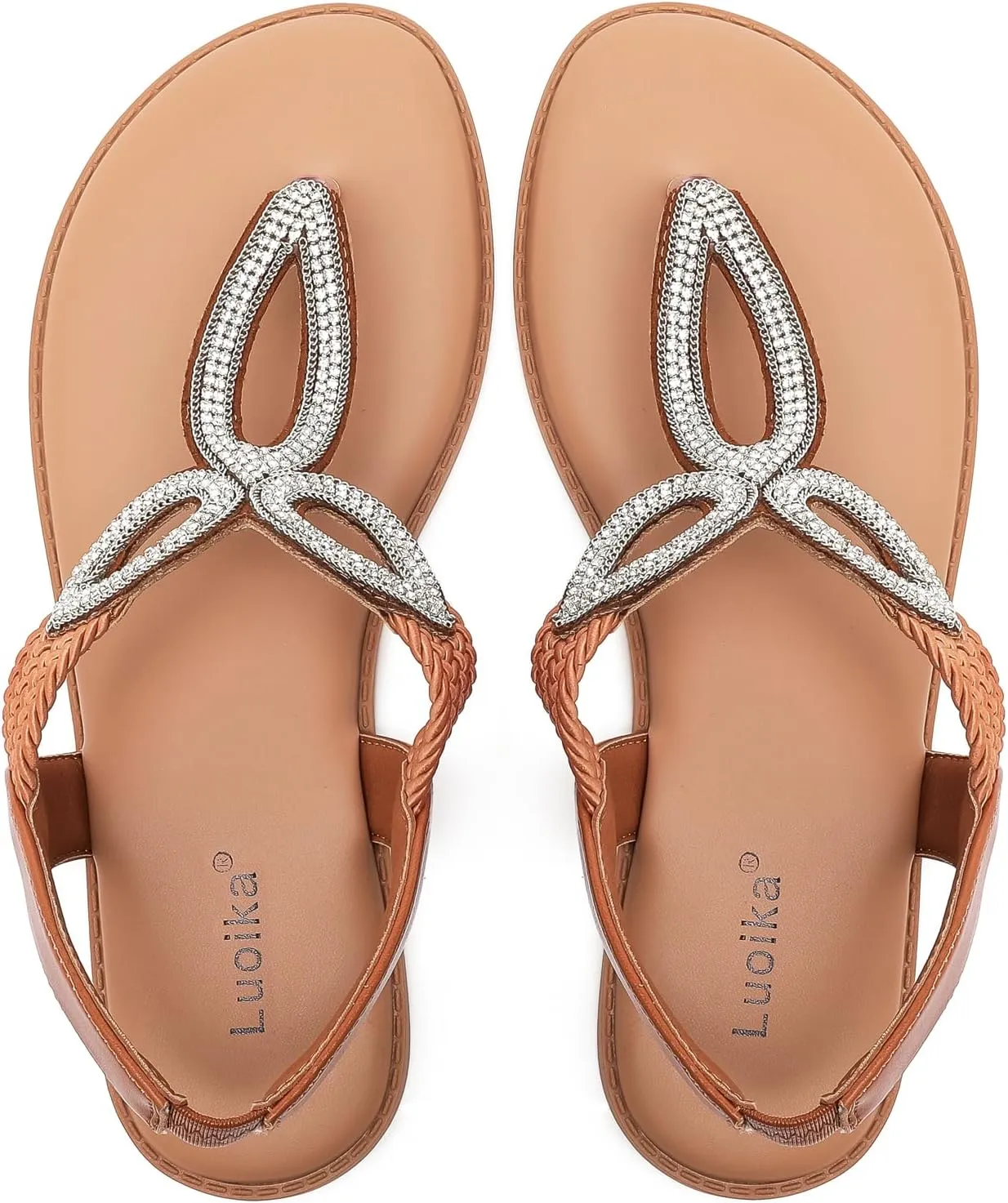 Luoika Women's Wide Width Flat Slides Sandals, Flip Flop Strappy Rhinestone Thong Sandals Comfortable Summer Beach Shoes for Women.