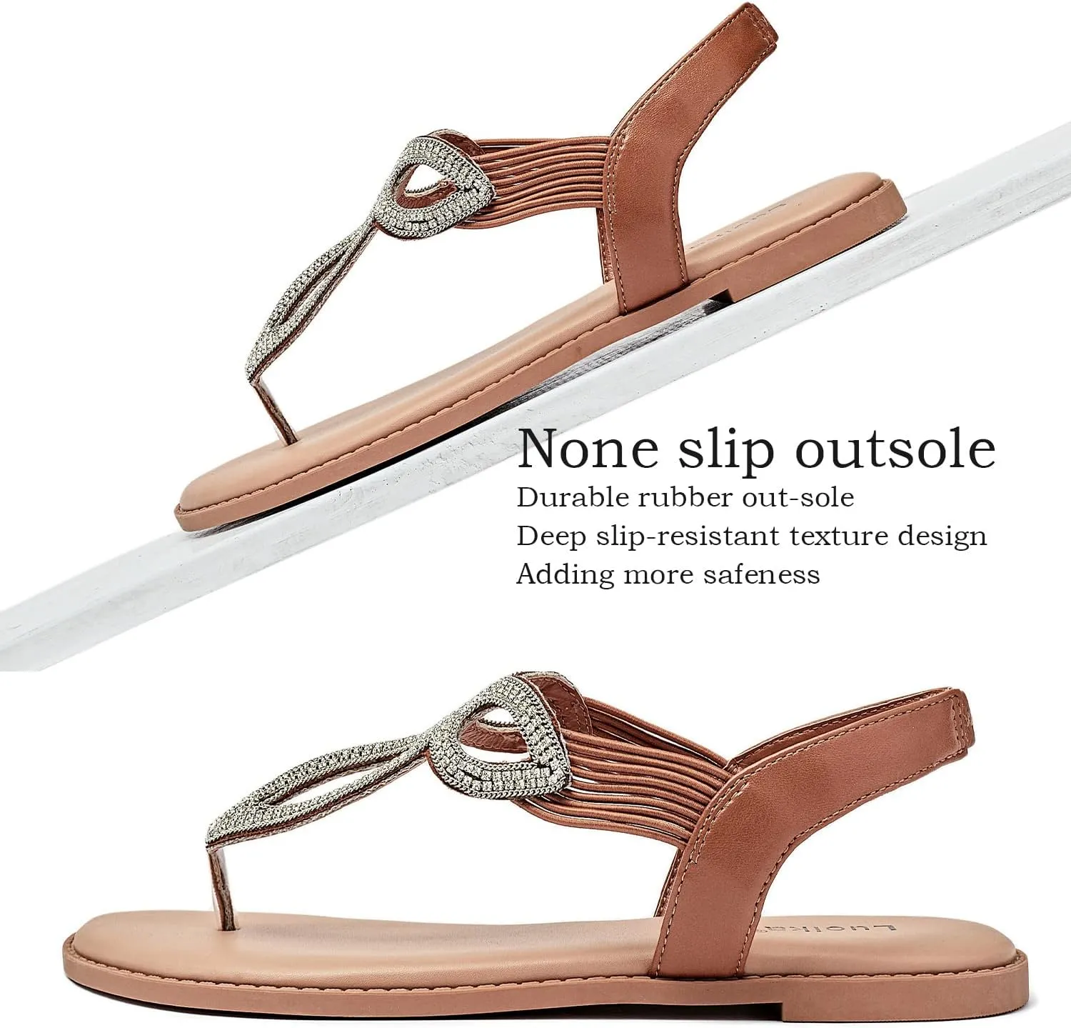 Luoika Women's Wide Width Flat Slides Sandals, Flip Flop Strappy Rhinestone Thong Sandals Comfortable Summer Beach Shoes for Women.